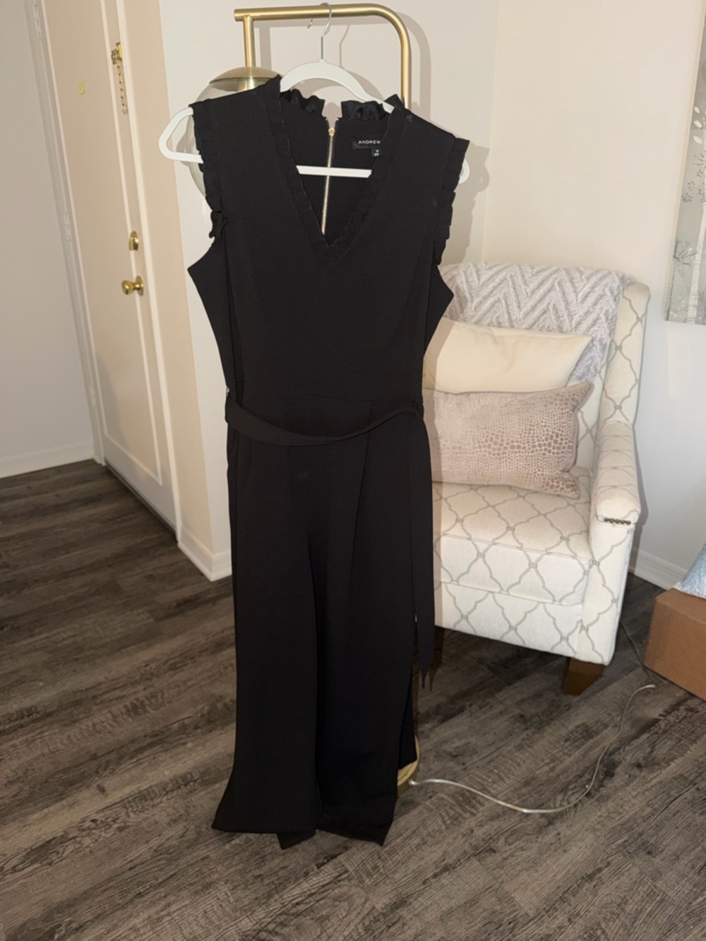 Andrew Marc Black V-Neck Sleeveless Ruffle-Trim Jumpsuit